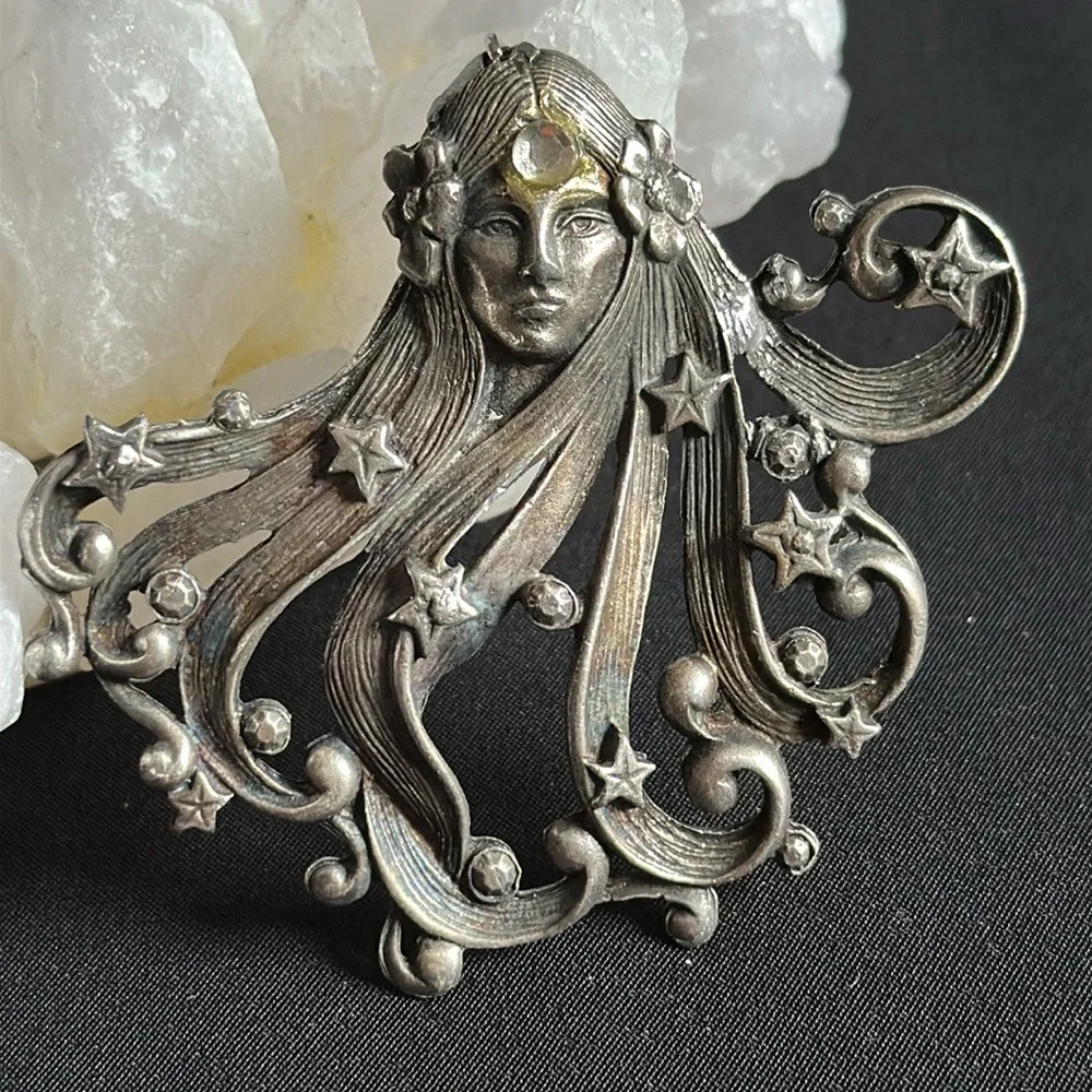 JJ Jonette vintage GUC pewter Celestial lady pendant. Art nouveau style - Picture 1 of 4